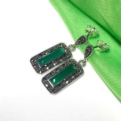 Real green agate and marcasite drop earrings sterling silver