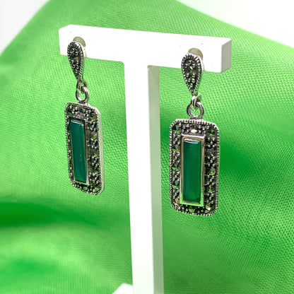 Real green agate and marcasite drop earrings sterling silver