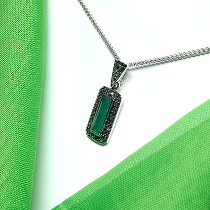 Real green agate and marcasite necklace pendant sterling silver