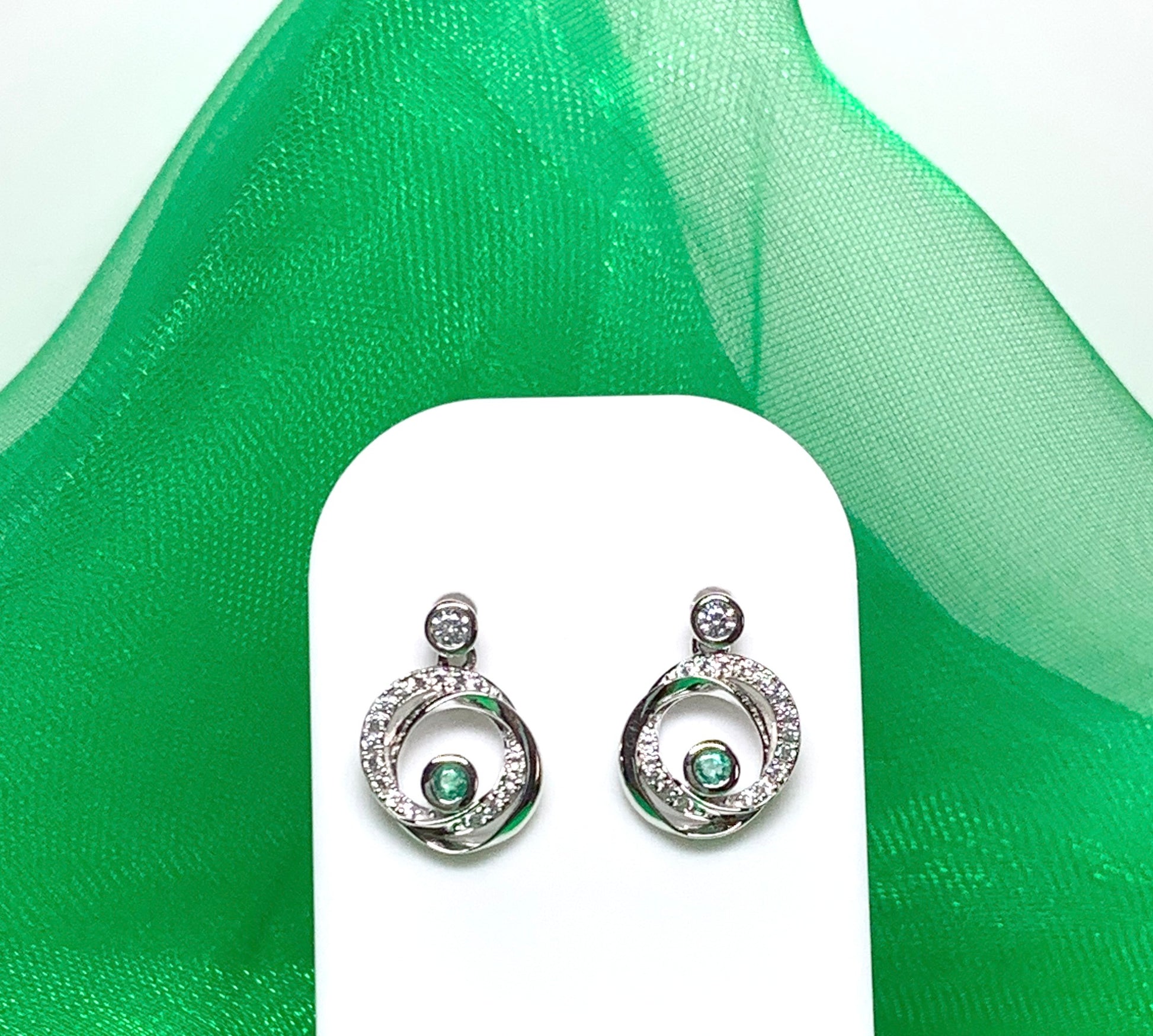 Real green emerald and cubic zirconia round swirl stud earrings