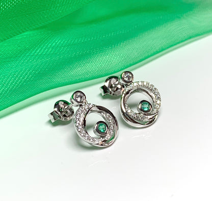 Real green emerald and cubic zirconia round swirl stud earrings