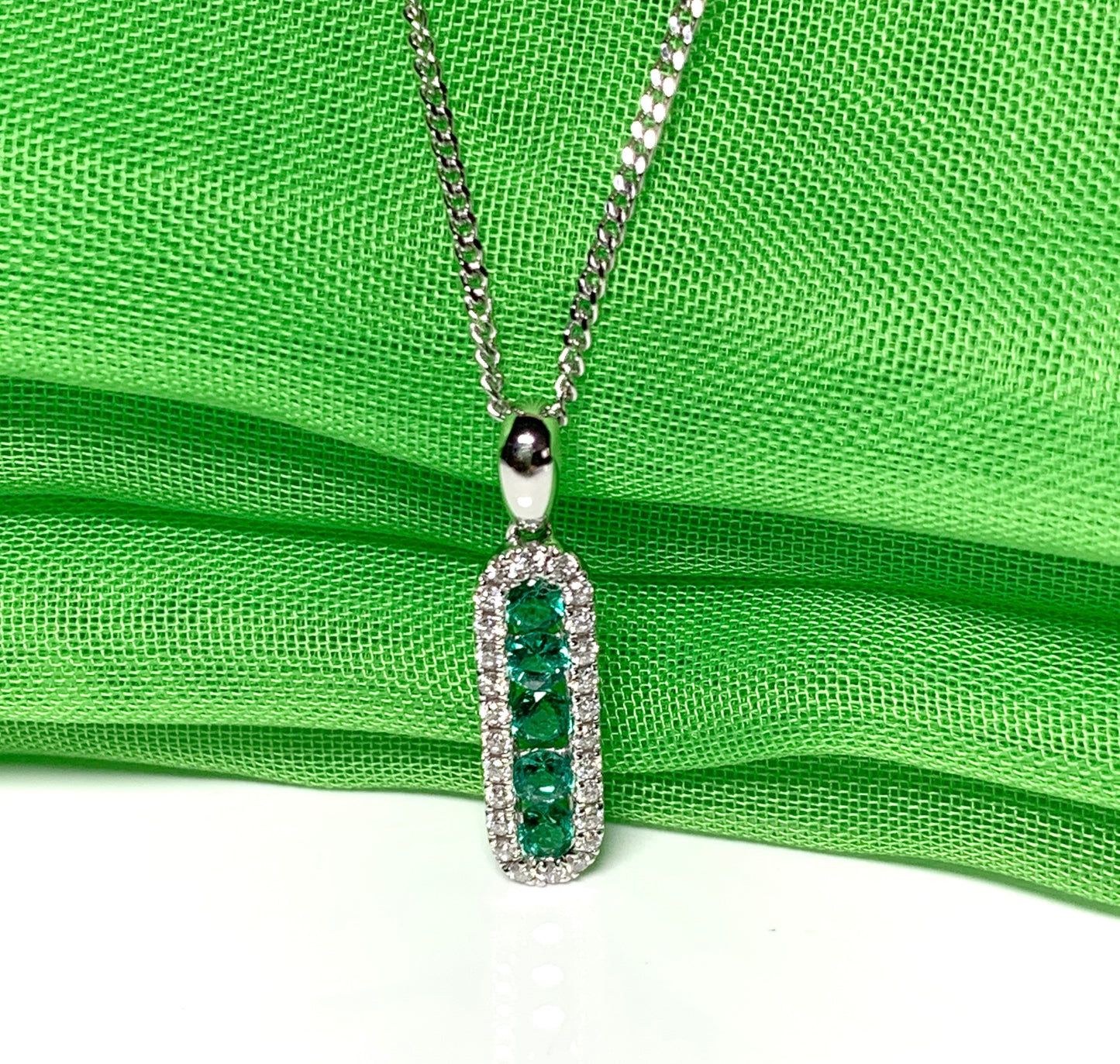 Real green emerald and diamond necklace white gold long cluster pendant