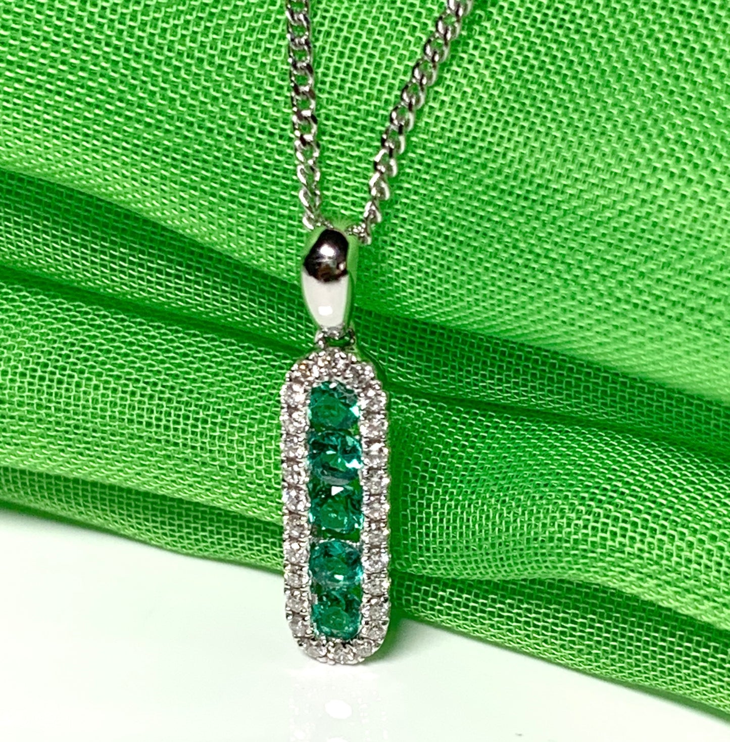 Real green emerald and diamond necklace white gold long cluster pendant