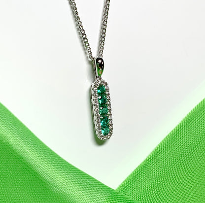 Real green emerald and diamond necklace white gold long cluster pendant