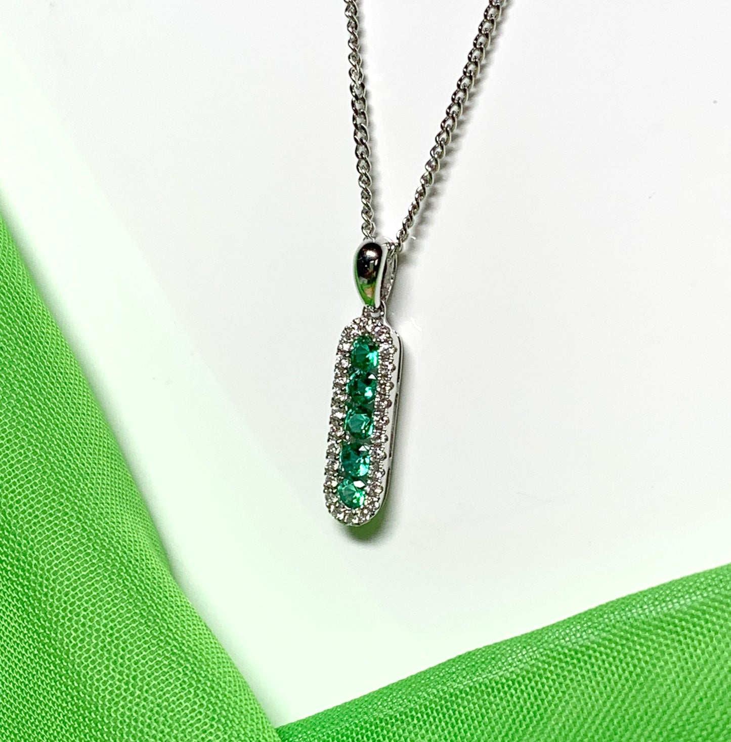 Real green emerald and diamond necklace white gold long cluster pendant