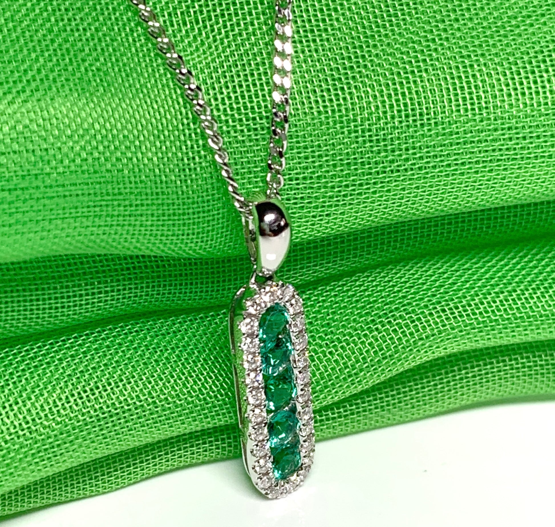 Real green emerald and diamond necklace white gold long cluster pendant