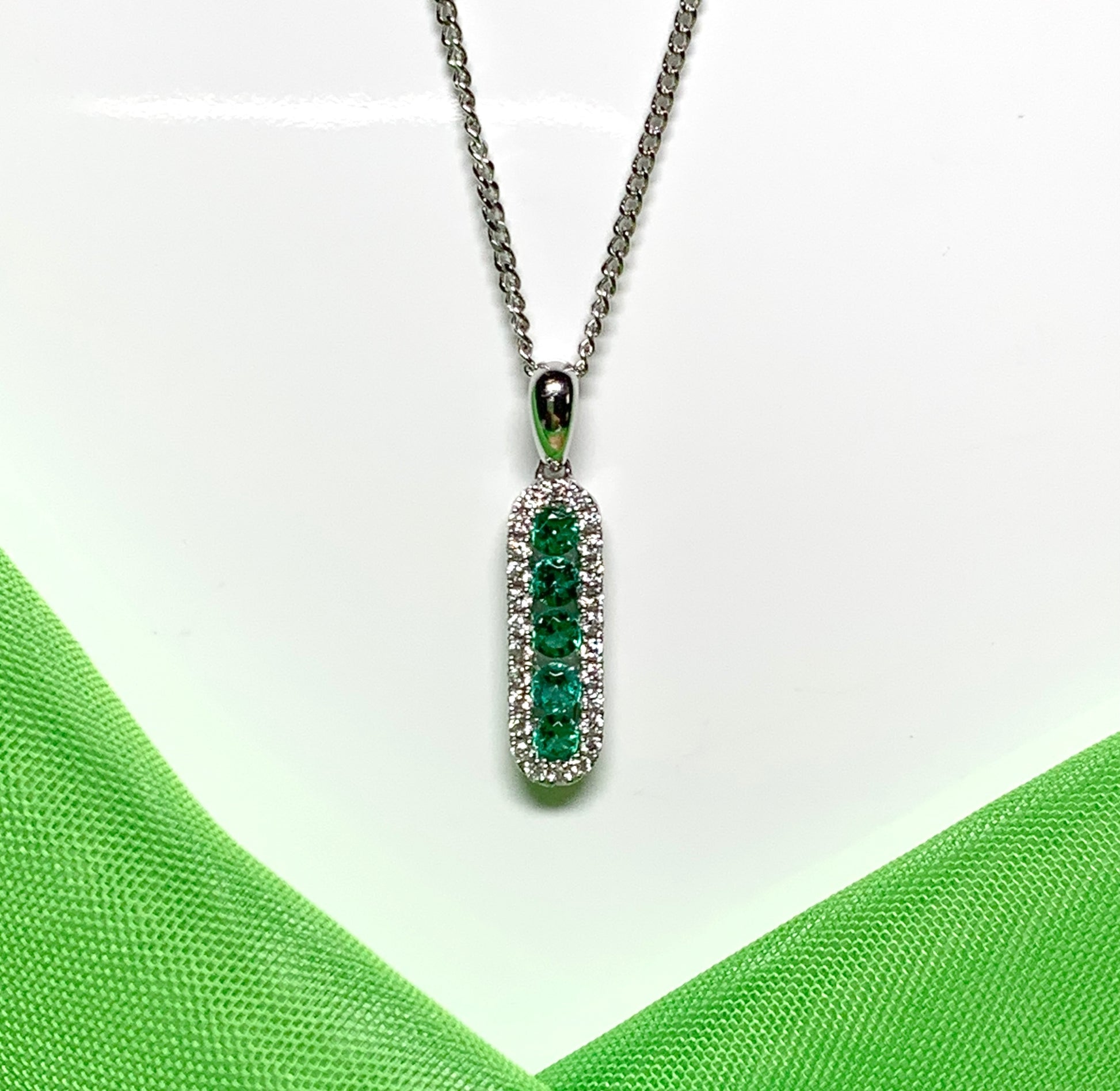 Real green emerald and diamond necklace white gold long cluster pendant