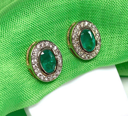 Real green emerald and diamond yellow gold oval cluster stud earrings