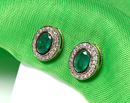 Real green emerald and diamond yellow gold oval cluster stud earrings