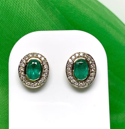 Real green emerald and diamond yellow gold oval cluster stud earrings