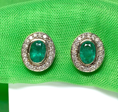 Real green emerald and diamond yellow gold oval cluster stud earrings