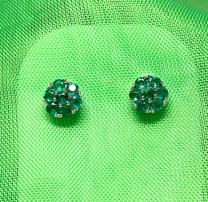 Real green emerald white gold round daisy cluster stud earrings