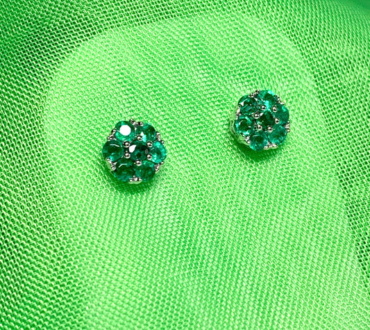 Real green emerald white gold round daisy cluster stud earrings