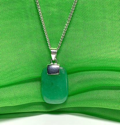 Real green jade cushion shaped silver necklace pendant