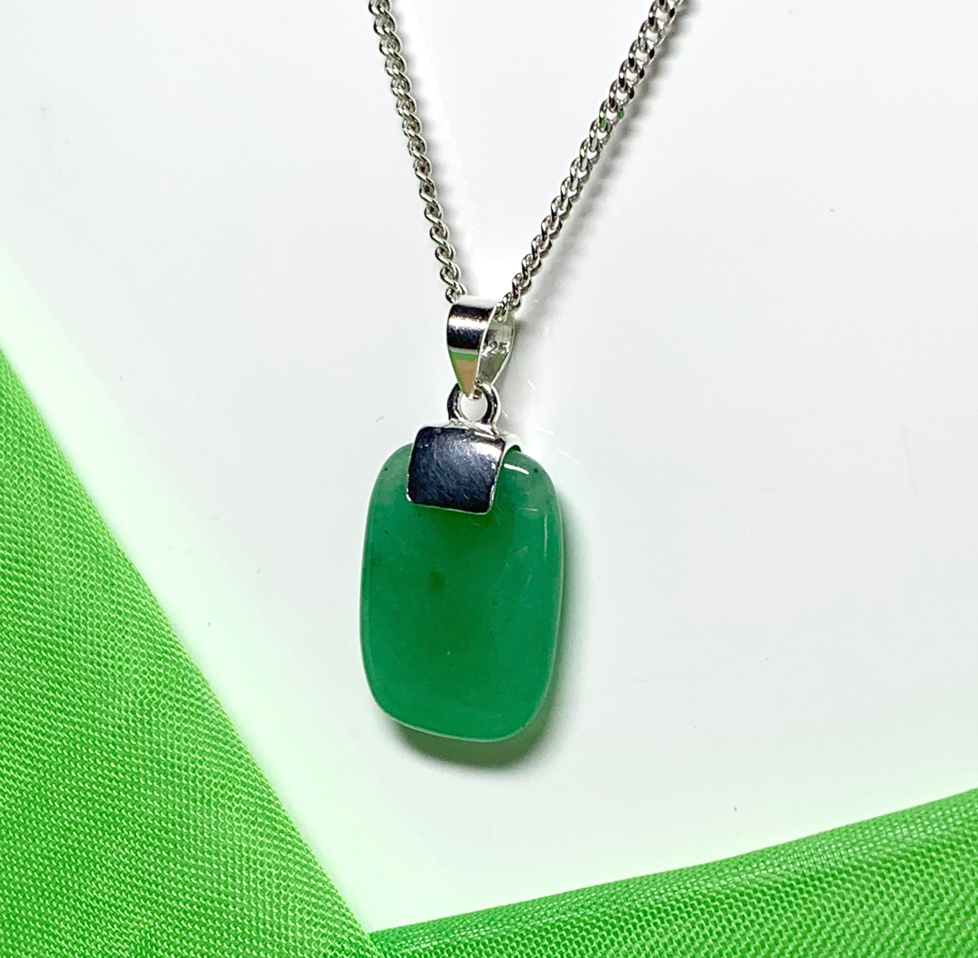 Real green jade cushion shaped silver necklace pendant