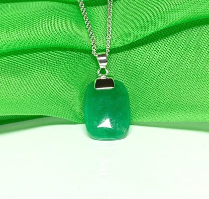 Real green jade pendant necklace cushion shaped sterling silver