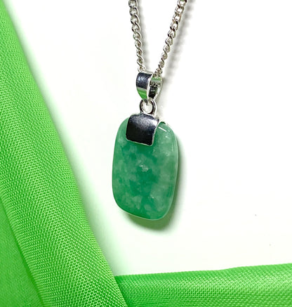 Real green jade necklace cushion shaped silver mottled stone