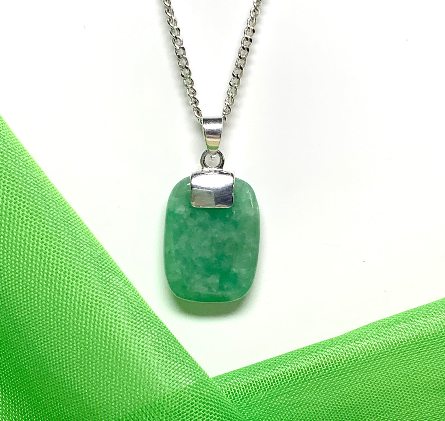 Real green jade necklace cushion shaped silver mottled stone