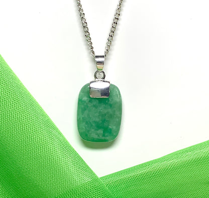 Real green jade necklace cushion shaped silver mottled stone