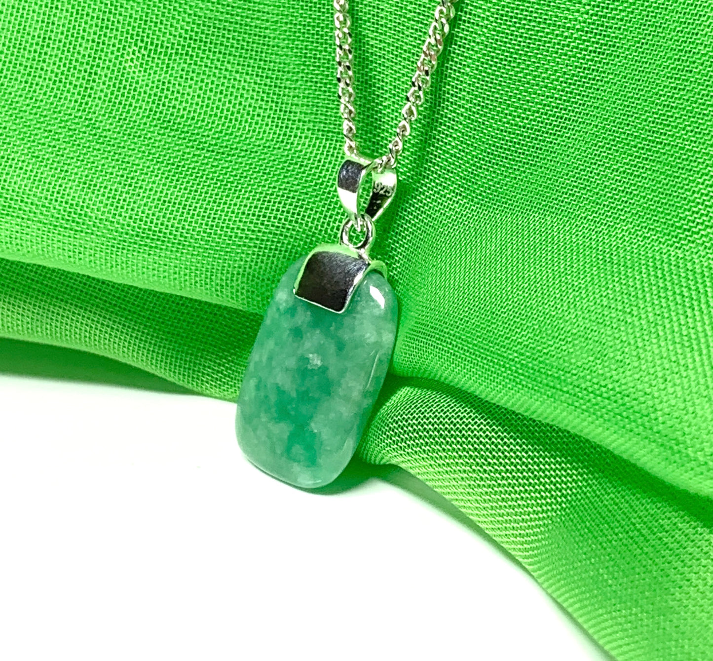 Real green jade necklace cushion shaped silver mottled stone