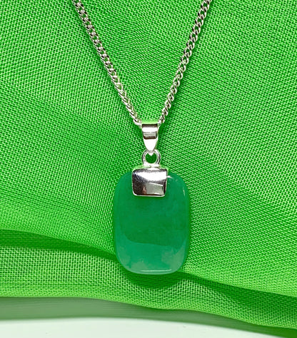 Real green jade necklace cushion shaped stone sterling silver pendant