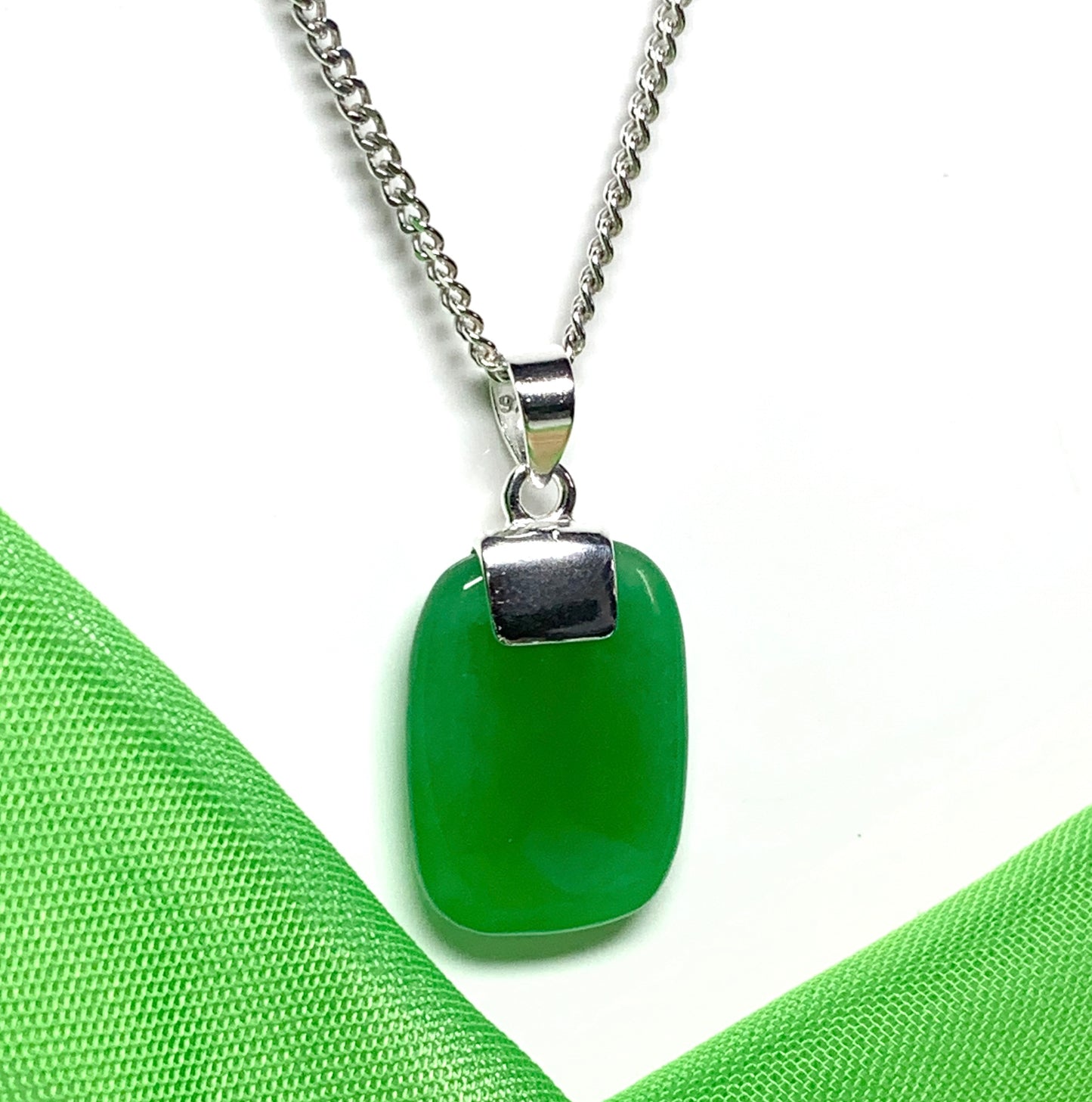 Real green jade necklace cushion shaped stone sterling silver