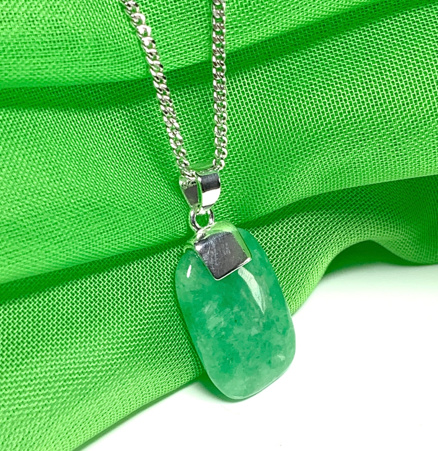 Real green jade necklace cushion shaped stone pendant sterling silver including chain