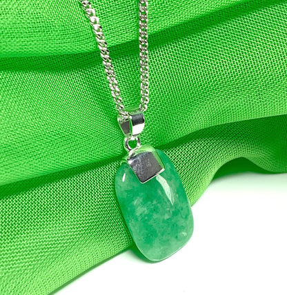 Real green jade necklace cushion shaped stone pendant sterling silver including chain