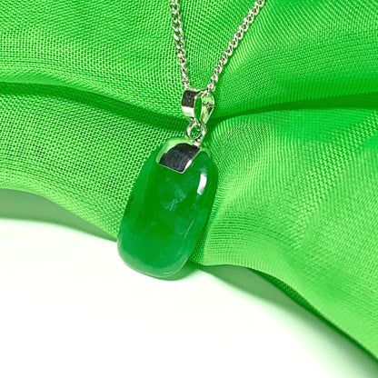 Real green jade necklace cushion shaped stone sterling silver including chain