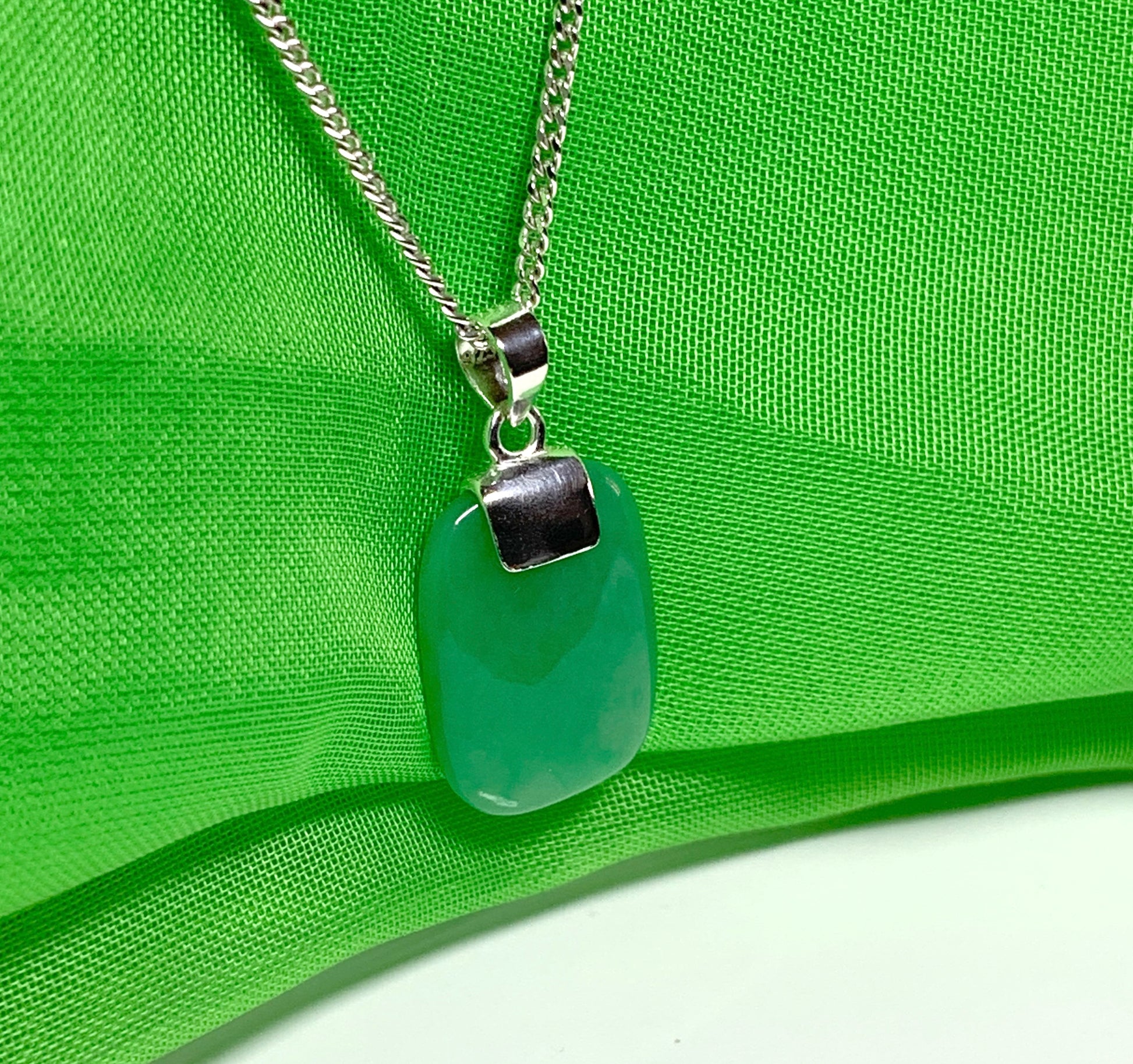 Real green jade necklace cushion shaped stone sterling silver pendant