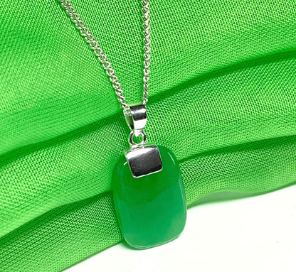 Real green jade necklace cushion shaped stone sterling silver