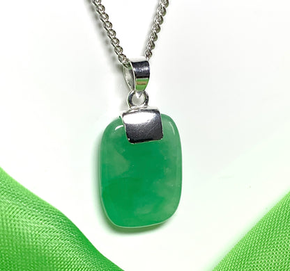 Real green jade necklace cushion shaped stone sterling silver