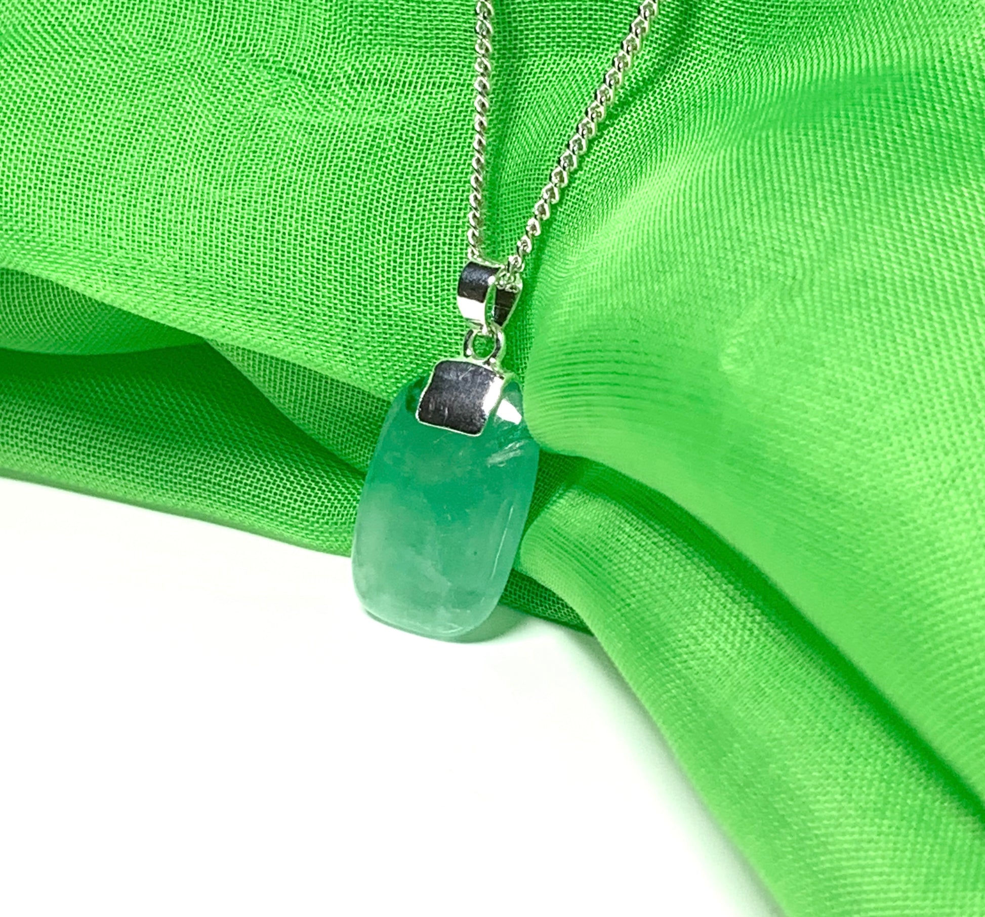 Real green jade necklace cushion shaped stone sterling silver chain included