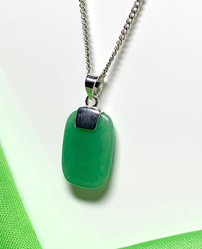 Real green jade necklace cushion shaped stone sterling silver pendant