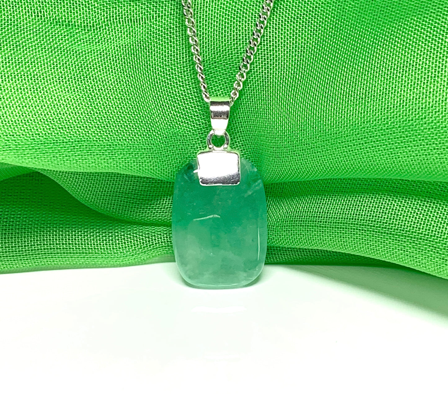 Real green jade necklace cushion shaped stone sterling silver chain included