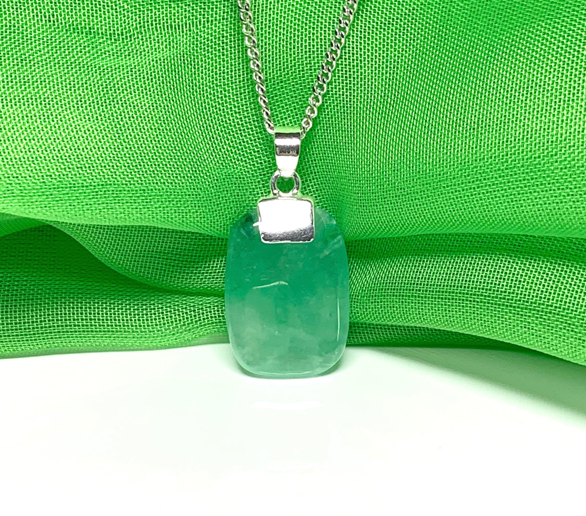 Real green jade necklace cushion shaped stone sterling silver chain included