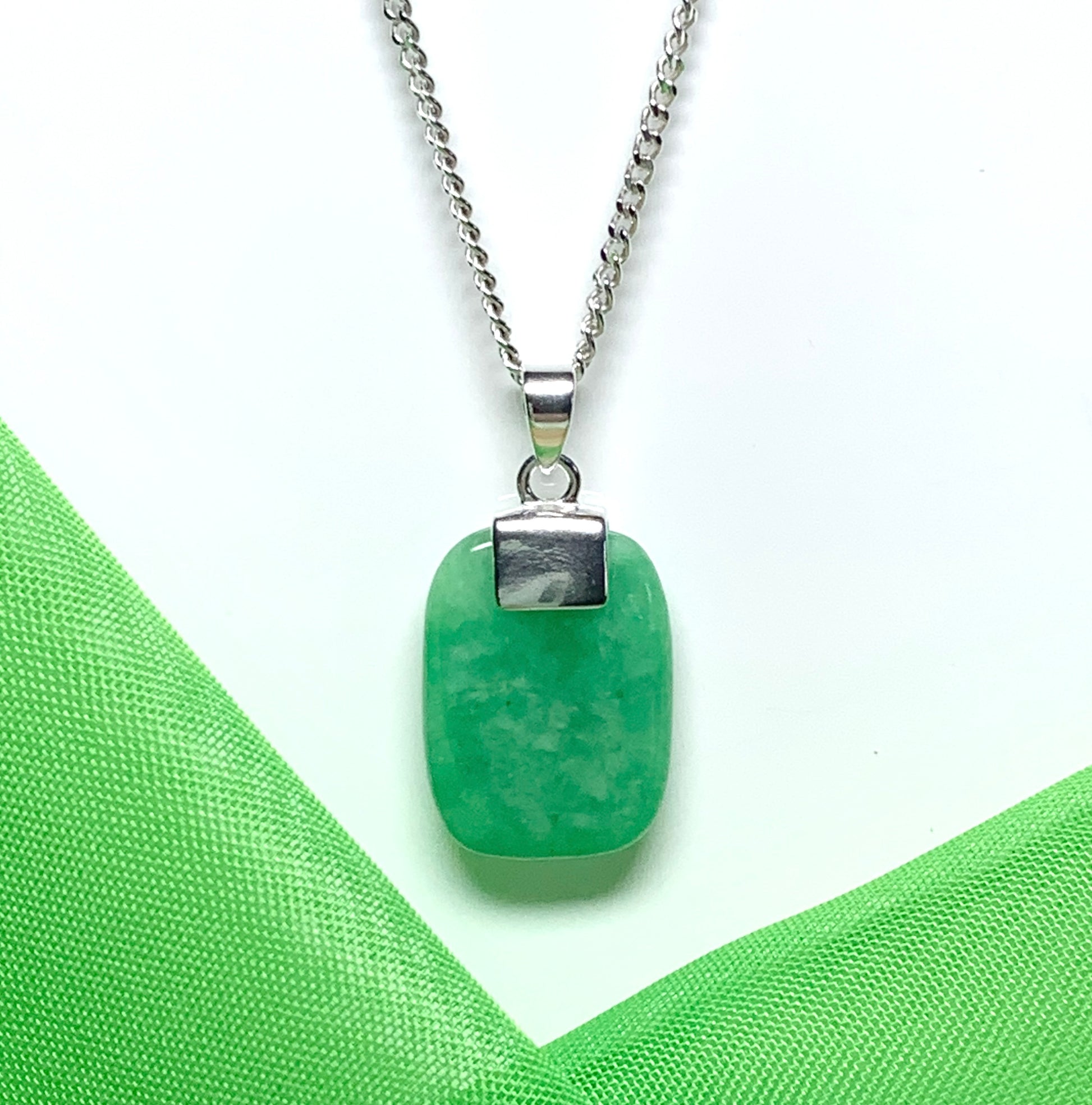 Real green jade necklace cushion shaped stone pendant sterling silver including chain