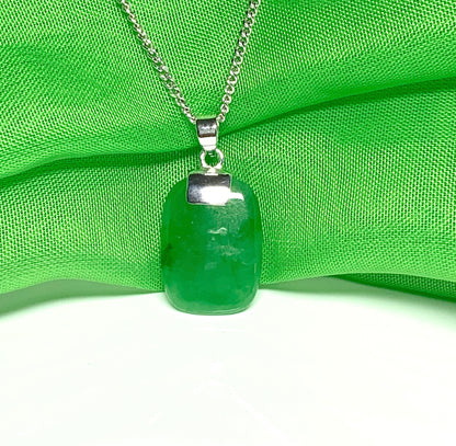 Real green jade necklace cushion shaped stone sterling silver including chain