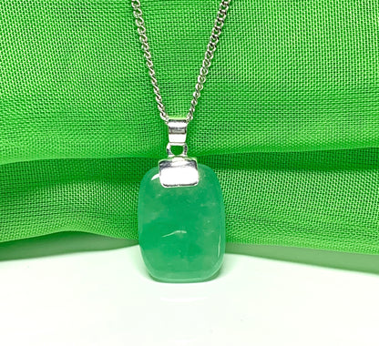 Real green jade necklace cushion shaped stone sterling silver