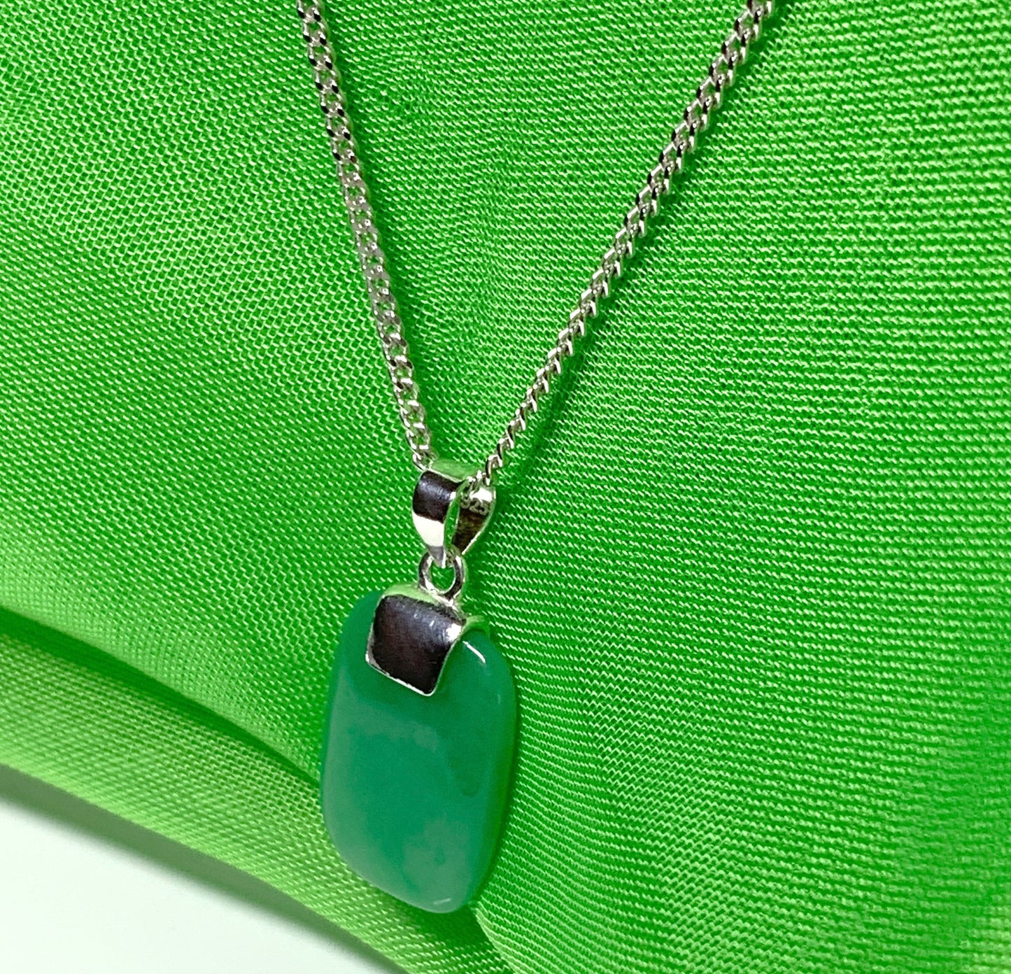Real green jade necklace cushion shaped stone sterling silver pendant