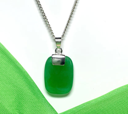 Real green jade necklace cushion shaped stone sterling silver