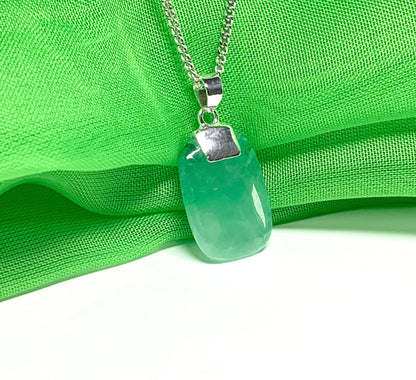 Real green jade necklace cushion shaped stone sterling silver chain included