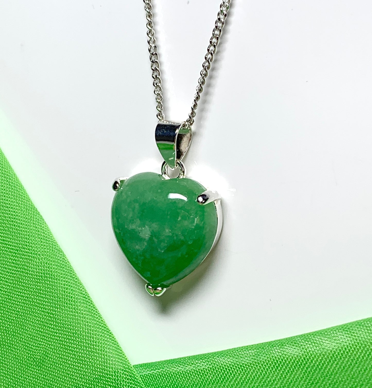 Real green jade necklace heart shape sterling silver