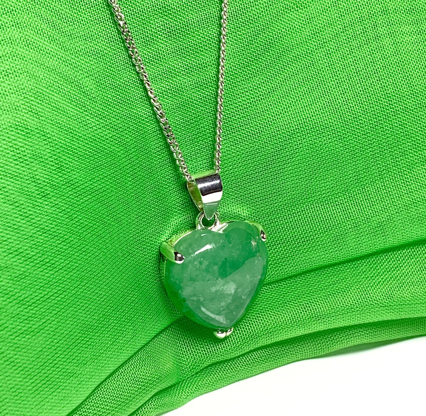 Real green jade necklace heart shape sterling silver