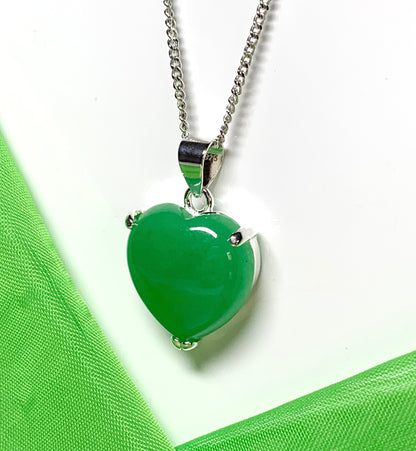 Real green jade necklace heart shape sterling silver