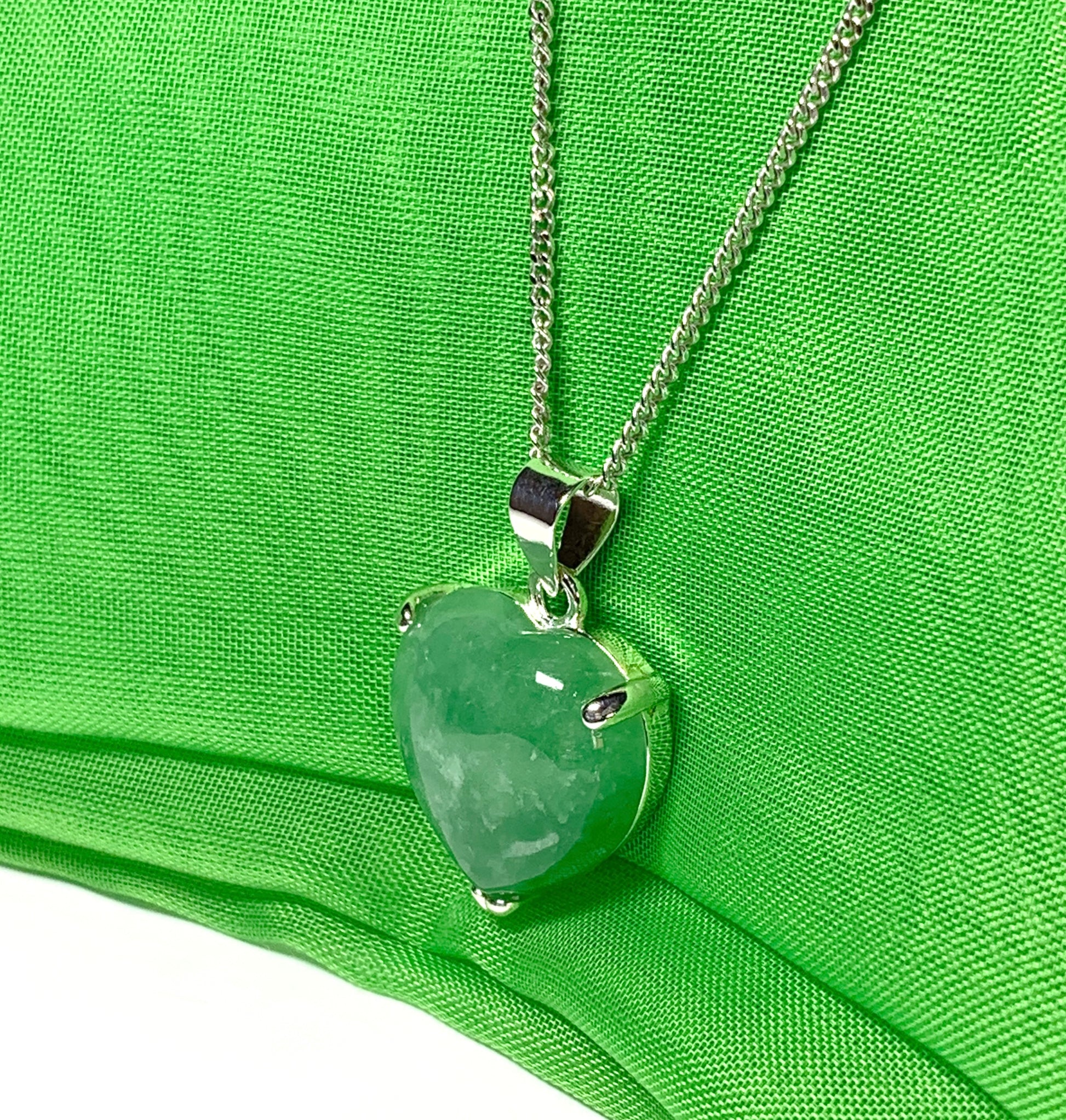 Real green jade necklace heart shape sterling silver