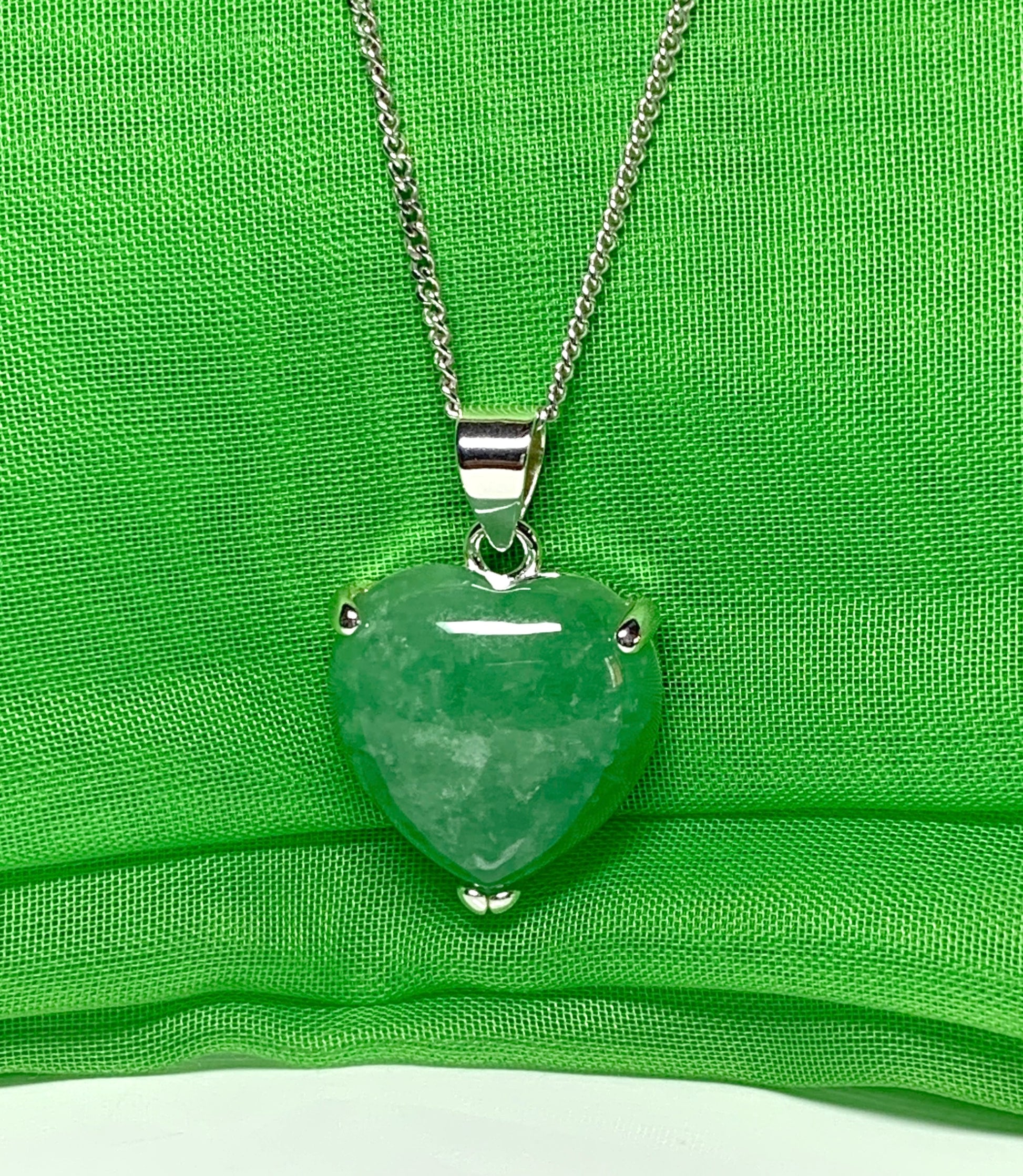 Real green jade necklace heart shape sterling silver