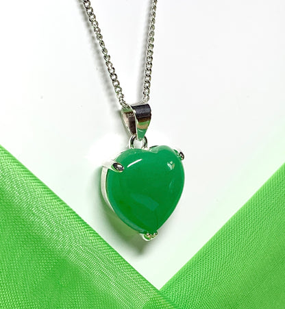 Real green jade necklace heart shape sterling silver