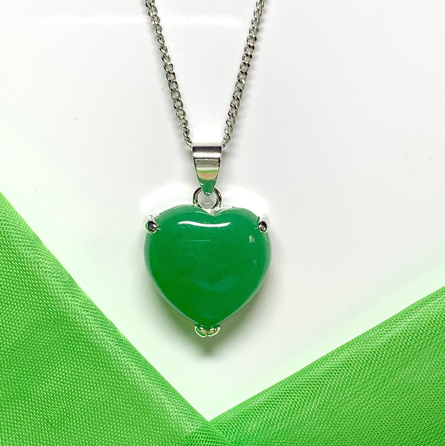 Real green jade necklace heart shape sterling silver