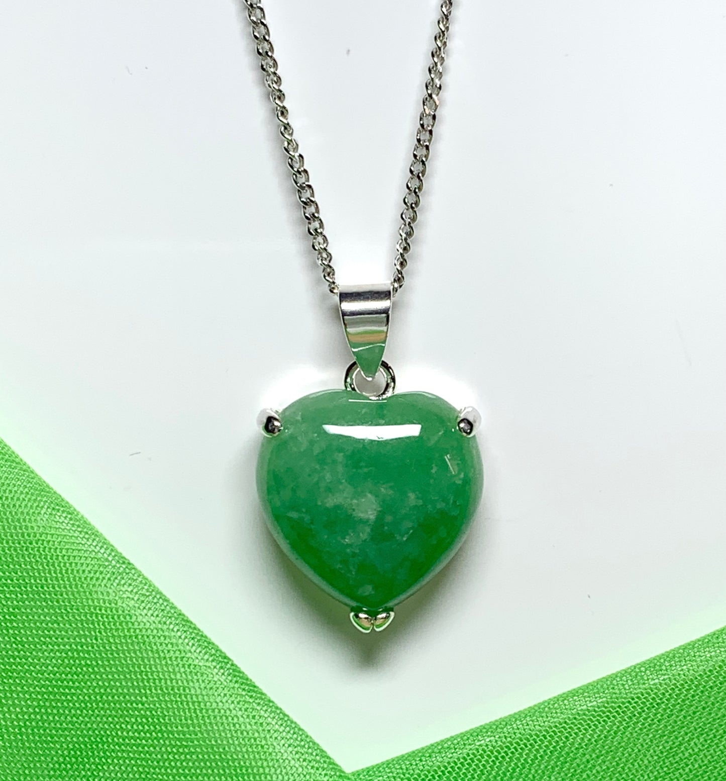 Real green jade necklace heart shape sterling silver